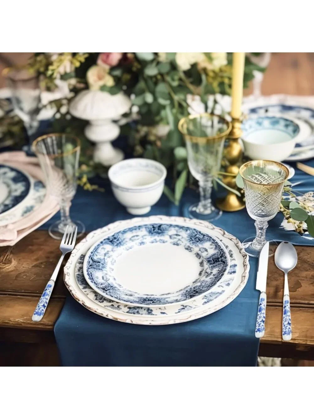 Elegant Chinoiserie Silverware Set - 10 Pcs Blue & White Porcelain Dinnerware